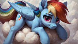 Size: 1920x1080 | Tagged: safe, ai content, derpibooru import, generator:pony diffusion v6 xl, generator:stable diffusion, machine learning generated, rainbow dash, pegasus, pony, g4, cloud, female, looking at you, lying down, lying on a cloud, mare, on a cloud, prompter:truekry, smiling, smiling at you, solo, wallpaper