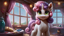 Size: 1920x1080 | Tagged: safe, ai content, derpibooru import, generator:pony diffusion v6 xl, generator:stable diffusion, machine learning generated, sweetie belle, pony, unicorn, g4, female, filly, fluffy, foal, happy, horn, indoors, looking at you, open mouth, open smile, prompter:truekry, room, smiling, smiling at you, solo, wallpaper, window
