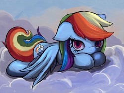 Size: 2000x1500 | Tagged: safe, artist:zokkili, derpibooru import, rainbow dash, pegasus, pony, g4, backwards cutie mark, cloud, cute, dashabetes, ears, female, floppy ears, looking at you, lying down, lying on a cloud, mare, on a cloud, outdoors, prone, sky, solo, spread wings, wings, wings down