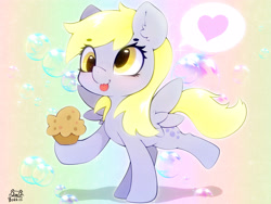 Size: 4000x3000 | Tagged: safe, artist:zokkili, derpibooru import, derpy hooves, pegasus, pony, g4, :p, beanbrows, bipedal, bubble, cute, derpabetes, ear fluff, ears, eye clipping through hair, eyebrows, eyebrows visible through hair, female, food, gradient background, heart, high res, muffin, raised hoof, raised leg, signature, solo, sparkles, spread wings, tongue, tongue out, wings