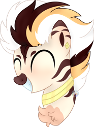 Size: 730x989 | Tagged: safe, artist:pure-blue-heart, derpibooru import, oc, oc only, hybrid, zony, bust, chest fluff, ear piercing, earring, eyes closed, gift art, jewelry, male, piercing, simple background, solo, stallion, stallion oc, toothy grin, transparent background, zony oc
