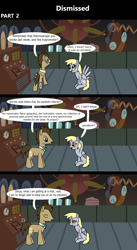 Size: 1920x3516 | Tagged: safe, artist:platinumdrop, derpibooru import, derpy hooves, doctor whooves, earth pony, pegasus, pony, comic:dismissed, g4, 3 panel comic, alternate timeline, blushing, bowtie, comic, commission, dialogue, doctor whooves' lab, duo, duo male and female, eyes closed, female, folded wings, frown, happy, head scratch, indoors, lab, laboratory, looking at each other, looking at someone, machine, machinery, male, mare, open mouth, open smile, sad, sigh, sitting, smiling, speech bubble, spread wings, stallion, talking, this will not end well, walking, wings