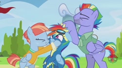 Size: 1024x576 | Tagged: safe, derpibooru import, edit, edited screencap, screencap, bow hothoof, rainbow dash, windy whistles, pegasus, pony, g4, parental glideance, ^^, clothes, cute, daaaaaaaaaaaw, eyes closed, father and child, father and daughter, female, freckles, goggles, goggles on head, grin, hooves on cheeks, jacket, male, mare, mother and child, mother and daughter, offspring, pampering, parent and child, parent:bow hothoof, parent:windy whistles, parents:windyhoof, rainbow dash's parents, ruffles, smiling, stallion, trio, uniform, wonderbolts uniform