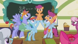 Size: 1024x576 | Tagged: safe, derpibooru import, edit, edited screencap, screencap, apple bloom, bow hothoof, cheerilee, rainbow dash, scootaloo, silver spoon, windy whistles, earth pony, pegasus, pony, g4, parental glideance, apple, apple bloom's bow, big smile, bow, c:, chalkboard, classroom, cropped, cute, cute smile, cutealoo, daaaaaaaaaaaw, female, filly, foal, food, freckles, glasses, hair bow, lifting, male, mare, pony hat, rainbow dash's parents, scootalove, siblings, sisters, smiling, stallion, wholesome