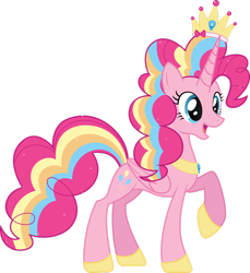 Size: 1600x1748 | Tagged: safe, artist:auburnborbon, derpibooru import, pinkie pie, alicorn, pony, g4, absurd resolution, alicornified, concave belly, crown, female, folded wings, hoof shoes, jewelry, multicolored hair, open mouth, open smile, peytral, pinkiecorn, princess of chaos, princess pinkie pie, race swap, rainbow hair, rainbow power, raised hoof, raised leg, regalia, simple background, slender, smiling, solo, thin, transparent background, vector, wings, xk-class end-of-the-world scenario