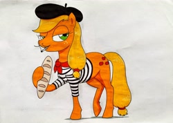 Size: 3458x2468 | Tagged: safe, artist:killerteddybear94, derpibooru import, applejack, earth pony, pony, g4, baguette, barrette, bread, cigarette, clothes, female, food, mare, neckerchief, pun, shirt, solo, striped shirt, traditional art, visual pun