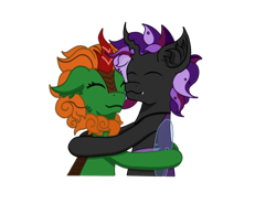 Size: 1800x1400 | Tagged: safe, artist:nismorose, derpibooru import, oc, oc only, oc:asher, oc:emerald pyre, bat pony, changeling, kirin, bat pony oc, changeling oc, cheek fluff, cute, duo, ear fluff, ears, emote, eyelashes, fangs, horn, hug, insect wings, kirin oc, male, purple changeling, purple hair, purple mane, simple background, stallion, transparent background, wings