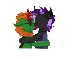 Size: 1800x1400 | Tagged: safe, alternate version, artist:nismorose, derpibooru import, oc, oc only, oc:asher, oc:emerald pyre, bat pony, changeling, kirin, bat pony oc, changeling oc, cheek fluff, cute, duo, ear fluff, ears, emote, eyelashes, fangs, heart, horn, hug, insect wings, kirin oc, male, purple changeling, purple hair, purple mane, simple background, stallion, transparent background, wings