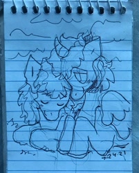 Size: 1080x1346 | Tagged: safe, artist:vemrill, derpibooru import, pony, cuddling, lined paper, photo, sketch, smiling, traditional art