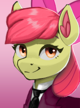 Size: 156x210 | Tagged: safe, artist:mustaphatr, artist:printik, derpibooru import, edit, apple bloom, earth pony, pony, equestria at war mod, g4, apple bloom's bow, bow, bust, clothes, cmc world conquest timeline, hair bow, jacket, necktie, picture for breezies, portrait, shirt, solo