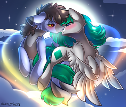 Size: 2451x2080 | Tagged: safe, alternate version, artist:yuris, derpibooru import, oc, oc only, oc:emerald stone, oc:otis, earth pony, pegasus, pony, alternate character, blushing, clothes, ears back, ears up, female, flying, full moon, imminent kissing, magic, magic aura, male, moon, night, shipping, sky