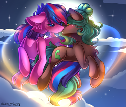 Size: 2451x2080 | Tagged: safe, alternate version, artist:yuris, derpibooru import, oc, oc only, oc:serenity pond, earth pony, pony, alternate character, blushing, clothes, ears back, ears up, female, flying, full moon, imminent kissing, magic, male, moon, night, rule 63, shipping, sky