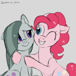Size: 4096x4096 | Tagged: safe, artist:metaruscarlet, derpibooru import, marble pie, pinkie pie, earth pony, pony, g4, cutie mark, duo, duo female, female, fraternal twins, gray background, grin, looking at each other, looking at someone, mare, pie sisters, pie twins, siblings, simple background, sisters, smiling, smiling at each other, twin sisters, twins