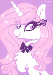 Size: 2918x4144 | Tagged: safe, artist:dandy, derpibooru import, fleur-de-lis, pony, unicorn, g4, acrylic painting, bow, chest fluff, eye clipping through hair, eyebrows, eyebrows visible through hair, eyeshadow, female, hairpin, high res, horn, limited palette, looking at you, makeup, mare, smiling, smiling at you, solo, traditional art