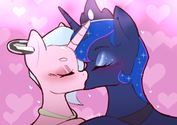 Size: 1488x1052 | Tagged: safe, artist:chiefywiffy, derpibooru import, princess luna, oc, oc:chiefy, alicorn, unicorn, g4, canon x oc, duo, ear piercing, earring, eyes closed, holiday, horn, jewelry, kiss on the lips, kissing, necktie, piercing, shipping, valentine, valentine's day