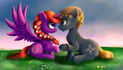 Size: 4333x2489 | Tagged: safe, artist:rameslack, derpibooru import, oc, oc only, alicorn, earth pony, pony, alicorn oc, duo, earth pony oc, horn, looking at each other, looking at someone, wings