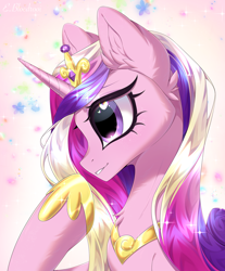 Size: 2232x2700 | Tagged: safe, artist:e-boi, derpibooru import, princess cadance, alicorn, pony, g4, blushing, crown, cute, cutedance, digital art, ear fluff, ears, ethereal mane, eyelashes, feather, female, flowing mane, glowing, glowing horn, heart, heart eyes, high res, hoof shoes, horn, jewelry, lidded eyes, looking at you, makeup, mare, multicolored mane, peytral, pink background, princess shoes, purple eyes, raised hooves, regalia, simple background, smiling, smiling at you, solo, sparkles, spread wings, starry mane, stars, wingding eyes, wings
