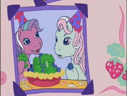 Size: 640x480 | Tagged: safe, screencap, minty, sweetberry, a charming birthday, g3, blueberry broccoli pie, brocolli and blueberry pie, ponyville surprise birthday book