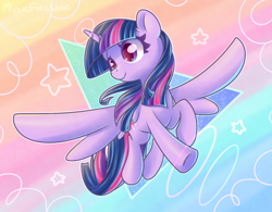 Size: 1443x1127 | Tagged: safe, artist:musicfirewind, derpibooru import, twilight sparkle, twilight sparkle (alicorn), alicorn, pony, g4, abstract background, female, flying, gradient background, horn, mare, smiling, solo, spread wings, triangle, wings