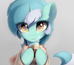 Size: 3000x2600 | Tagged: safe, artist:ifmsoul, derpibooru import, lyra heartstrings, pony, unicorn, g4, bust, cheek fluff, clothes, coffee cup, cup, cute, ear fluff, ears, eye clipping through hair, female, high res, hoof hold, horn, looking at you, lyrabetes, mare, scarf, solo, sweater