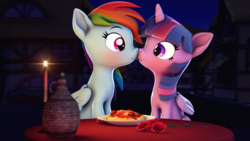 Size: 3840x2160 | Tagged: safe, artist:psfmer, derpibooru import, rainbow dash, twilight sparkle, twilight sparkle (alicorn), alicorn, pegasus, pony, g4, 3d, accidental kiss, blushing, boop, candle, candlelight, disney, duo, duo female, eye contact, eyebrows, female, flower, folded wings, food, high res, horn, kiss on the lips, kissing, lady and the tramp, lesbian, looking at each other, looking at someone, mare, meatball, movie reference, night, noseboop, outdoors, pasta, plate, ponyville, revamped ponies, rose, shipping, sitting, slurp, source filmmaker, spaghetti, spaghetti scene, table, twidash, wings