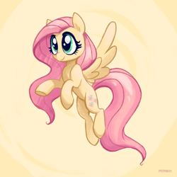 Size: 2048x2048 | Tagged: safe, artist:pfeffaroo, derpibooru import, fluttershy, pegasus, pony, g4, female, flying, high res, mare, raised hoof, raised leg, smiling, solo, spread wings, three quarter view, wings