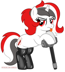 Size: 5394x6000 | Tagged: safe, artist:jennieoo, derpibooru import, oc, oc only, oc:red rocket, unicorn, g4, :p, angry, hammer, horn, latex, simple background, solo, tongue, tongue out, transparent background