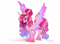 Size: 2048x1504 | Tagged: safe, artist:petaltwinkle, derpibooru import, pinkie pie, alicorn, pony, g4, alicornified, blue eyes, colored hooves, colored wings, colored wingtips, crown, curly hair, curly mane, curly tail, eyelashes, eyeshadow, female, gradient ears, gradient horn, gradient legs, gradient mane, gradient tail, hair bun, horn, jewelry, lipstick, long horn, long legs, long mane, long tail, makeup, mare, multicolored wings, peytral, pink coat, pink mane, pink tail, pinkiecorn, race swap, regalia, shiny hoof, signature, simple background, smiling, solo, sparkly mane, sparkly tail, spread wings, tail, tall, tiara, unshorn fetlocks, white background, wing fluff, wingding eyes, wings, xk-class end-of-the-world scenario