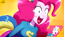 Size: 3334x1934 | Tagged: safe, artist:the-butch-x, derpibooru import, pinkie pie, human, eqg summertime shorts, equestria girls, equestria girls (movie), g4, steps of pep, 2d, clothes, female, hairband, helping twilight win the crown, high res, open mouth, reference, screencap reference, simple background, skirt, smiling, solo, sweater, tail, uniform, wide eyes, wonderbolts uniform, yelling, yellow background