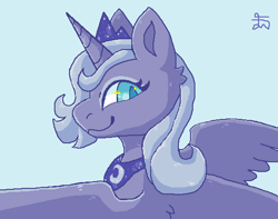 Size: 544x429 | Tagged: safe, artist:movie95, derpibooru import, princess luna, alicorn, pony, g4, female, horn, jewelry, looking at you, ms paint, peytral, s1 luna, signature, smiling, solo, spread wings, tiara, wings