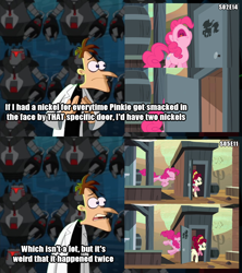 Size: 960x1080 | Tagged: safe, derpibooru import, edit, edited screencap, screencap, cherry jubilee, pinkie pie, earth pony, human, pony, g4, party pooped, the last roundup, doctor heinz doofenshmirtz, female, if i had a nickel, male, mare, meme, outhouse, phineas and ferb, phineas and ferb: across the 2nd dimension, text
