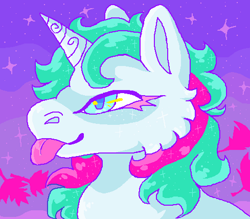 Size: 489x428 | Tagged: safe, artist:movie95, derpibooru import, gusty, pony, unicorn, g1, bust, cheek fluff, falling leaves, horn, horn pattern, leaves, ms paint, outdoors, portrait, smiling, solo, starry night, tongue, tongue out