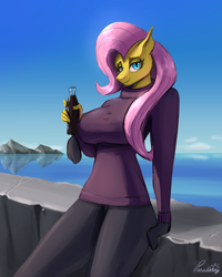 Size: 960x1200 | Tagged: safe, artist:paradoxing5, derpibooru import, fluttershy, anthro, pegasus, g4, bedroom eyes, belly button, bottle, breasts, clothes, digital art, female, hootershy, looking at you, pants, pose, shirt, soda, soda bottle, solo, tail, thighs, wide hips, wingless, wingless anthro