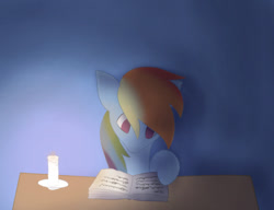 Size: 640x492 | Tagged: safe, artist:tkshoelace, derpibooru import, rainbow dash, pegasus, pony, book, candle, reading, solo