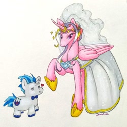 Size: 1125x1125 | Tagged: safe, artist:mintytreble, derpibooru import, princess cadance, shining armor, alicorn, pony, unicorn, g4, 2024, alternate hairstyle, bowtie, clothes, dress, duo, duo male and female, female, floating heart, folded wings, heart, height difference, hoof shoes, horn, horn ring, larger female, male, mare, meme, messy mane, messy tail, princess shoes, raised hoof, raised leg, redraw, ring, shiningcadance, shipping, signature, simple background, size difference, smaller male, smiling, sparkles, stallion, straight, tail, the bride and the ugly ass groom, toy interpretation, traditional art, unshorn fetlocks, veil, wedding dress, wedding veil, white background, wings