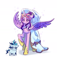 Size: 1708x1777 | Tagged: safe, artist:teaflower300, derpibooru import, princess cadance, shining armor, alicorn, pony, unicorn, g4, 2024, alternate hairstyle, clothes, dilated pupils, dress, duo, duo male and female, female, height difference, hoof shoes, horn, horn ring, larger female, lidded eyes, looking down, male, mare, meme, messy mane, messy tail, princess shoes, raised hoof, raised leg, redraw, ring, shiningcadance, shipping, simple background, size difference, smaller male, smiling, sparkles, spread wings, stallion, straight, tail, the bride and the ugly ass groom, toy interpretation, veil, wedding dress, wedding veil, white background, wide eyes, wings