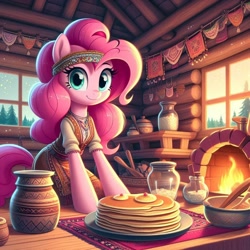 Size: 1024x1024 | Tagged: source needed, safe, ai content, derpibooru import, machine learning generated, pinkie pie, earth pony, pony, semi-anthro, clothes, cyrillic, female, fireplace, food, kitchen, mare, pancakes, prompter needed, russian, slavic, solo