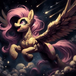 Size: 2048x2048 | Tagged: safe, ai content, derpibooru import, generator:bing image creator, generator:dall-e 3, machine learning generated, fluttershy, pegasus, pony, g4, buff, cloud, concave belly, female, flying, mare, muscles, muscular female, night, pink eyes, prompter:enterusxrname, ribs, shooting star, solo, stars