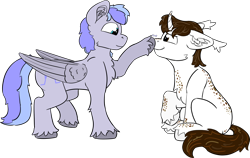 Size: 2500x1578 | Tagged: safe, artist:dsksh, derpibooru import, oc, oc only, oc:discoordination, oc:zephir, pegasus, pony, unicorn, boop, chest fluff, duo, duo male, ear fluff, ears, ears back, folded wings, freckles, horn, looking at each other, looking at someone, male, pegasus oc, pegasus wings, raised hoof, raised leg, side view, simple background, sitting, stallion, standing, tail, transparent background, two toned mane, two toned tail, unicorn oc, unshorn fetlocks, wings