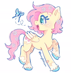 Size: 2006x2048 | Tagged: safe, artist:bunydotcom, derpibooru import, fluttershy, butterfly, pegasus, pony, g4, alternate cutie mark, alternate design, alternate hairstyle, bandaid, blushing, chest fluff, coat markings, colored eartips, colored eyelashes, colored hooves, colored pinnae, colored wings, colored wingtips, fangs, female, flower, flower in hair, flower in tail, folded wings, freckles, green eyes, heart, heart eyes, long tail, mare, multicolored eyes, open mouth, open smile, pink mane, pink tail, profile, raised leg, redesign, shiny hoof, short mane, signature, simple background, small wings, smiling, socks (coat marking), solo, tail, two toned wings, unshorn fetlocks, white background, wingding eyes, wings, yellow coat