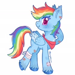 Size: 2048x2048 | Tagged: safe, artist:bunydotcom, derpibooru import, rainbow dash, pegasus, pony, g4, alternate color palette, alternate design, alternate hairstyle, bandage, bandaged leg, bandaid, bandana, blue coat, blushing, chest fluff, colored eartips, colored eyelashes, colored fetlocks, colored hooves, colored wings, colored wingtips, ear tufts, eyelashes, female, folded wings, hooves behind head, looking at you, mare, multicolored hair, multicolored mane, multicolored tail, pink eyes, profile, rainbow hair, rainbow tail, redesign, scar, scratches, shiny hoof, short hair rainbow dash, short mane, signature, simple background, smiling, smiling at you, standing, tail, torn wings, two toned wings, unshorn fetlocks, white background, wing fluff, wingding eyes, wings