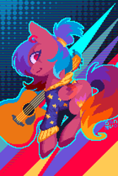 Size: 1120x1680 | Tagged: safe, artist:danvo, derpibooru import, oc, oc only, oc:danvoolka, pegasus, pony, ear piercing, guitar, male, musical instrument, piercing, pixel art, scar, solo