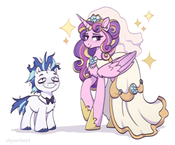 Size: 2301x1919 | Tagged: safe, artist:skysorbett, derpibooru import, princess cadance, shining armor, alicorn, pony, unicorn, g4, alternate hairstyle, clothes, dress, duo, duo male and female, female, folded wings, height difference, hoof shoes, horn, horn ring, lidded eyes, male, mare, meme, messy mane, messy tail, princess shoes, redraw, ring, shipping, shoes, simple background, sketch, sparkles, stallion, tail, the bride and the ugly ass groom, toy interpretation, veil, wedding dress, wedding veil, white background, wings