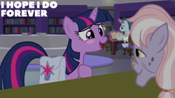 Size: 2000x1125 | Tagged: safe, derpibooru import, edit, edited screencap, editor:quoterific, screencap, dusty pages, twilight sparkle, unicorn twilight, earth pony, unicorn, the point of no return, bag, blushing, book, bookshelf, canterlot library, glasses, horn, library, saddle bag, stool, table, trio