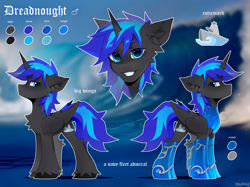 Size: 2934x2200 | Tagged: safe, alternate version, artist:zlatavector, derpibooru import, oc, oc:dreadnought, alicorn, pony, armor, bust, commission, horn, male, reference sheet, smiling, solo, stallion