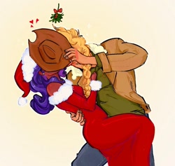 Size: 1468x1390 | Tagged: safe, artist:eeriezoundzz, derpibooru import, applejack, rarity, human, christmas, covering, female, holiday, humanized, kissing, lesbian, rarijack, shipping