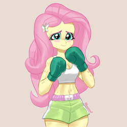 Size: 3000x3000 | Tagged: safe, artist:hexecat, derpibooru import, fluttershy, human, equestria girls, g4, arm muscles, belly button, boxing, boxing gloves, breasts, cleavage, clothes, female, solo, sports, sports bra, sports panties, sweat