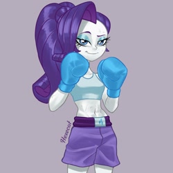 Size: 2048x2048 | Tagged: safe, artist:hexecat, derpibooru import, rarity, human, equestria girls, g4, belly button, boxing, boxing gloves, clothes, female, ponytail, solo, sports, sports bra, sports panties, sweat