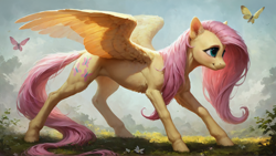 Size: 1920x1080 | Tagged: safe, ai content, derpibooru import, generator:pony diffusion v6 xl, generator:stable diffusion, machine learning generated, fluttershy, butterfly, pegasus, pony, g4, female, full body, mare, outdoors, prompter:truekry, side view, smiling, solo, spread wings, wallpaper, wings