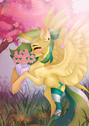 Size: 1610x2280 | Tagged: safe, artist:sheru, derpibooru import, oc, oc:shinebite, oc:shinebite fantom.ent, pegasus, bouquet, cherry blossoms, collapse, flower, flower blossom